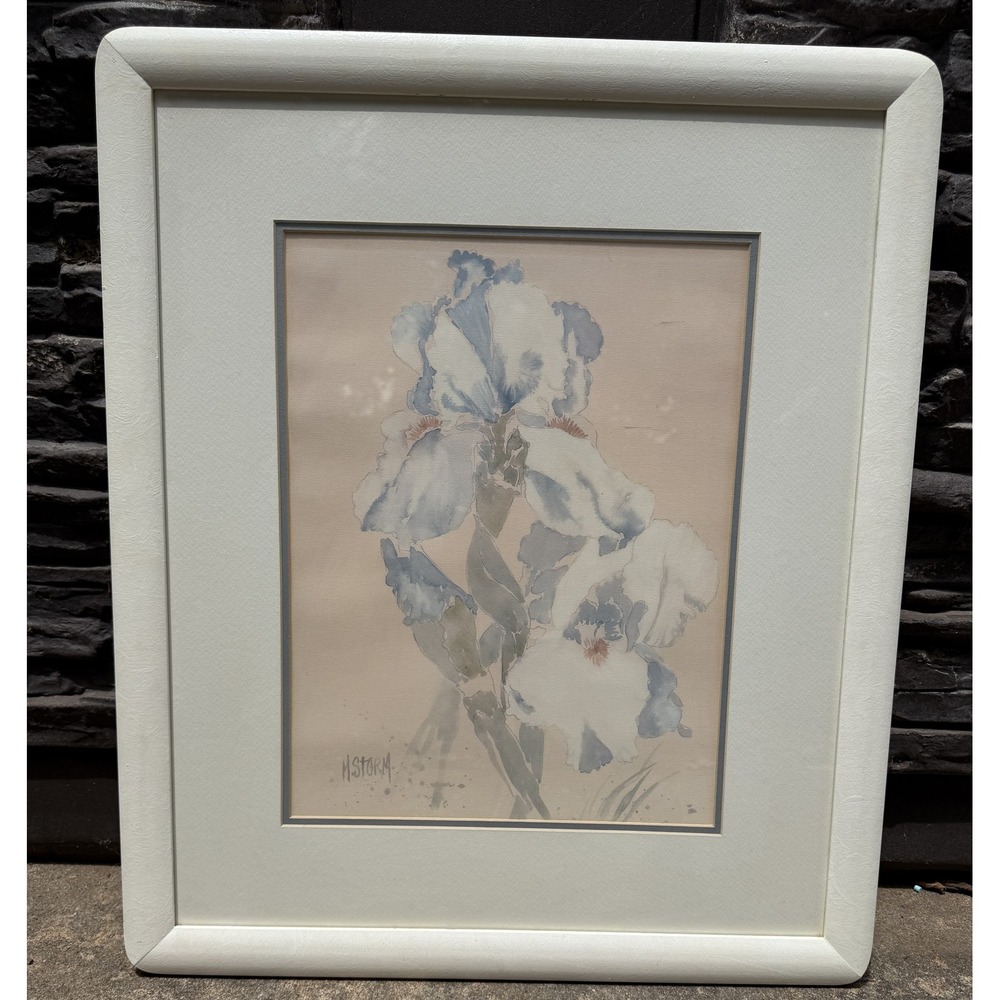 Vintage M Storm Blue Iris Watercolor Painting Signed‎ Framed Floral Art 26x22 in